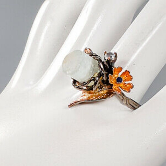 All Natural Aquamarine pillar Gemstone .925 Silver w/sapphire & Aquamarine sz8 - Picture 8 of 14